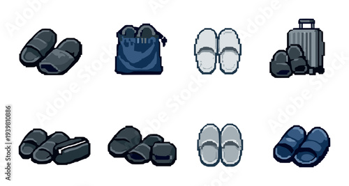 Multiple slipper pairs and travel items in grid on gray background