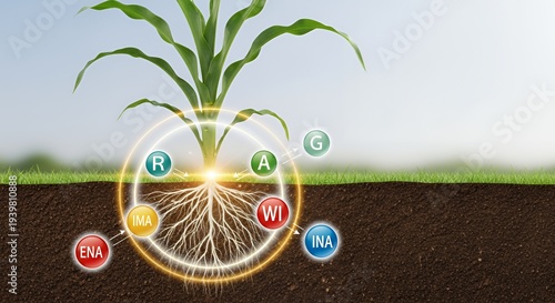 Illustration of a corn plant with roots and leaves highlighting mineral nutrients in soil