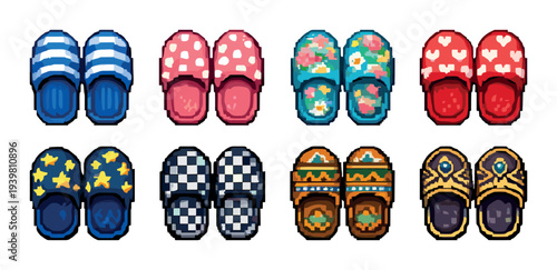 Colorful patterned slipper pairs arranged in grid on gray background