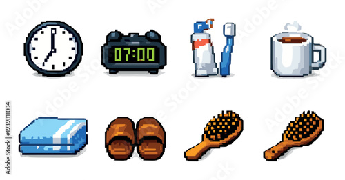 Clock and grooming items arranged for morning routine at home