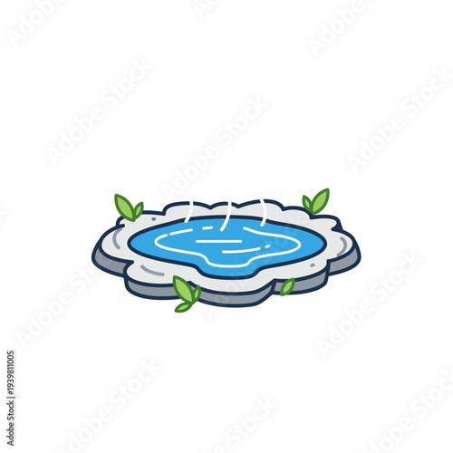 A charming cartoon illustration of a serene natural hot spring with steam rising, surrounded by lush green leaves and natural rock formations