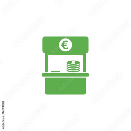 Simple green flat icon depicting a currency booth with Euro sign and stacked money, suitable for financial apps, banking, and payment systems design