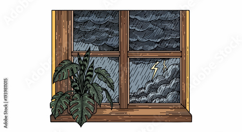 Wooden window with tropical houseplant and lightning storm