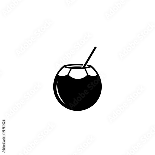 A refreshing black and white illustration of a whole coconut with a straw inserted, representing a tropical beverage