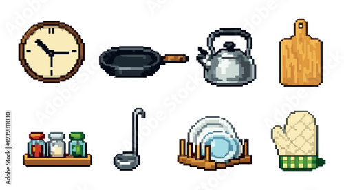 Wall clock and cookware arranged over kitchen countertop