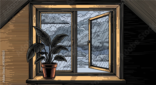Attic window with open pane and potted plant during rain