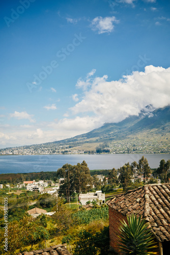 Scenic view of Otavalo town and San Pablo Lake with Imbabura volcano in Ecuador