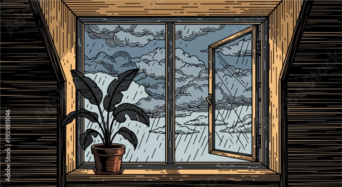 Attic window with open casement and houseplant in storm