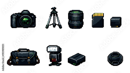 Pixel icons of photography gear displayed on gray background
