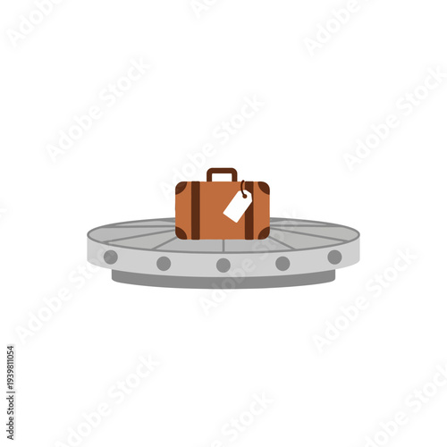 Classic brown suitcase with a white identification tag, prominently displayed on an automated airport baggage claim carousel, symbolizing efficient travel and smooth arrival logistics for passengers