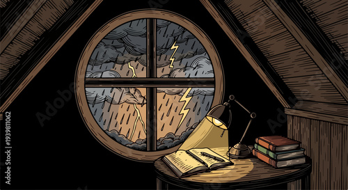 Round attic window above desk lamp books and lightning storm
