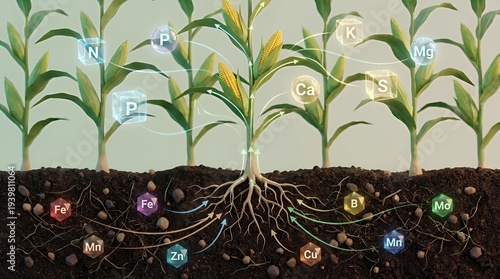 This illustration shows how corn plants absorb various mineral nutrients from the soil