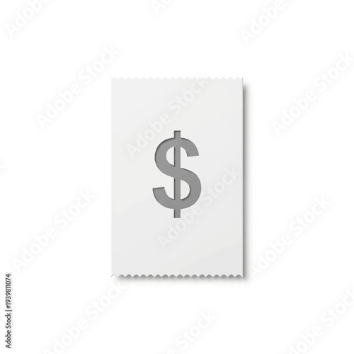 Stylized white paper ticket with a crisp grey dollar sign cutout, representing financial transactions, pricing, and economic value in a modern, minimalistic design