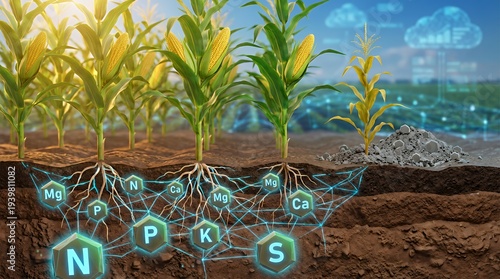 Corn plants with roots absorbing mineral nutrients from soil