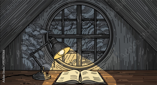 Attic desk with lamp and open book in front of round window with storm clouds