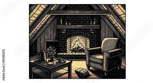 Attic living room with brick fireplace armchair and tea table illustration