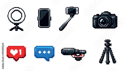 Vlogging and social media icons arranged on gray background