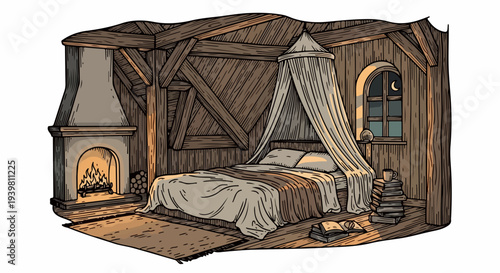 Rustic attic bedroom with canopy bed fireplace and arched window illustration