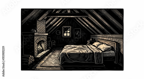 Dark attic bedroom with brick fireplace and wooden bed illustration