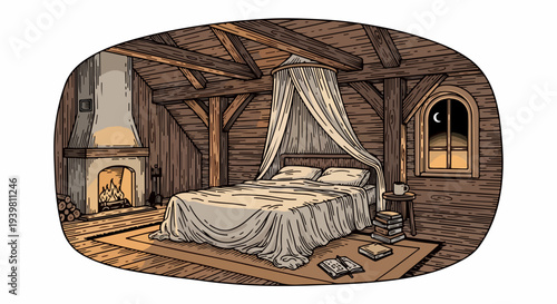 Oval framed attic bedroom with fireplace canopy bed and books illustration