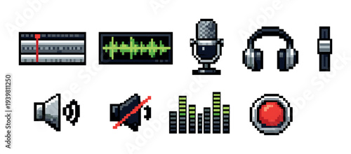 Audio editing and monitoring icons arranged on gray background