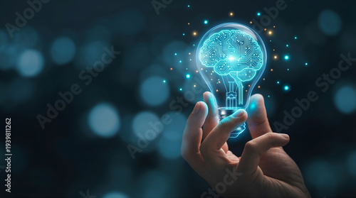Illuminating idea concept glowing brain inside a lightbulb held by a human hand, symbolizing innovation and inspiration