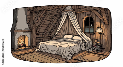 Oval attic bedroom interior with canopy bed fireplace and wall lamp illustration