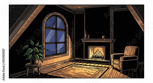 Attic living room with fireplace armchair plant stool and rug