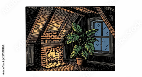 Attic room with brick fireplace large plant and window