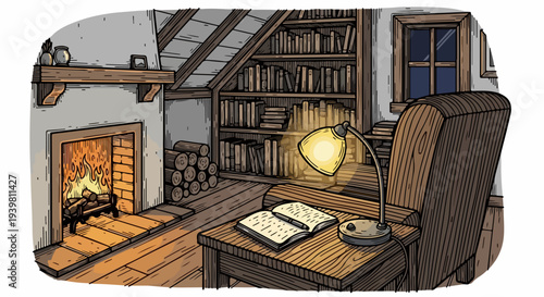 Attic study corner with white fireplace bookshelves desk lamp and open book