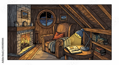Attic reading nook with fireplace armchair desk lamp and notebook