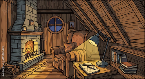 Attic study interior with fireplace armchair desk lamp notebook and round window