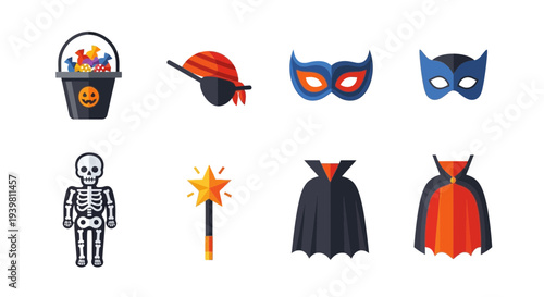 Eight flatdesign icons related to Halloween arranged in two rows