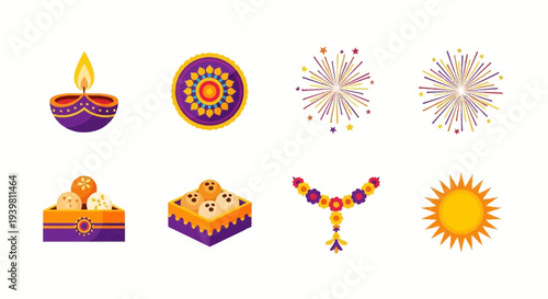 Eight colorful flatdesign icons related to Diwali or Indian celebrations