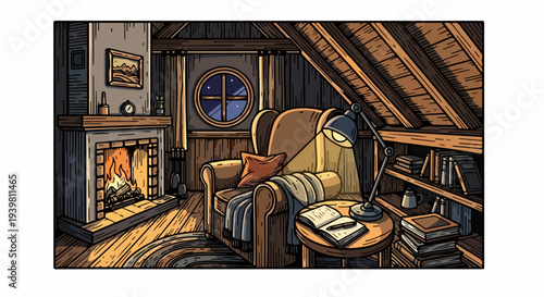 Attic reading corner with fireplace armchair and desk lamp