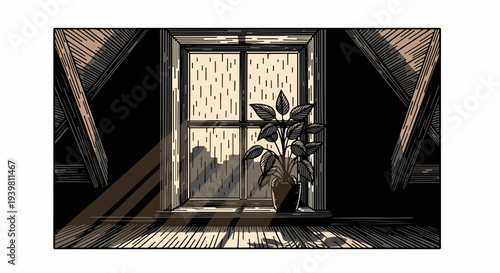 Attic window with potted plant and sunlight on wooden floor