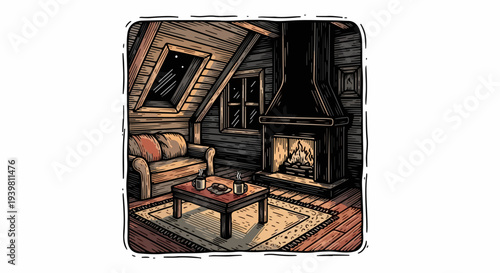 Attic lounge with sofa coffee table and fireplace