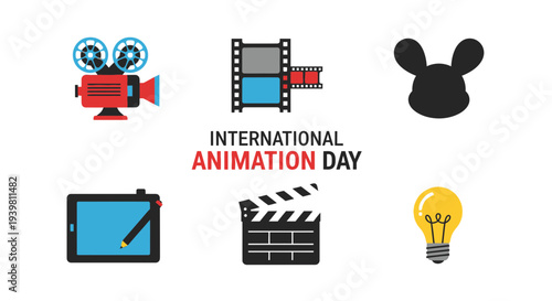 Flat design icons celebrating International Animation Day with text