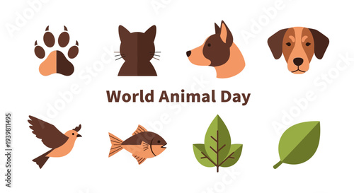 Flat design icons for World Animal Day featuring animals and plants