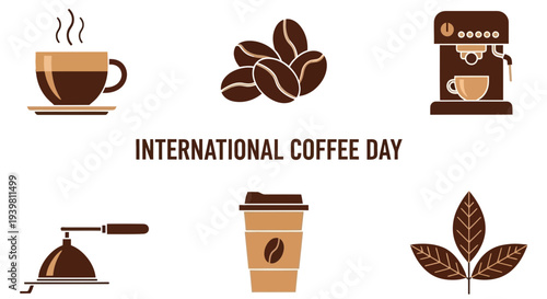 Flatdesign icons celebrating International Coffee Day with brown and tan colors