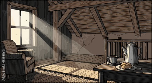 Loft attic corner with chair support beam tea service and table