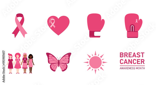 Pink icons for Breast Cancer Awareness Month including ribbons hearts gloves figures butterfly and sun