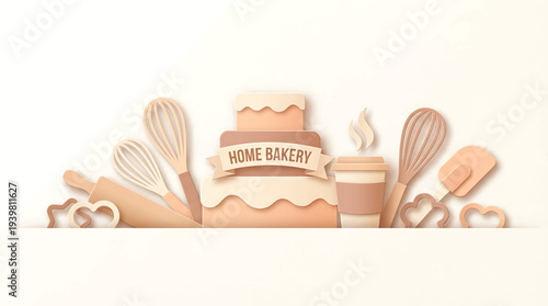 Home Bakery Collection Whisk, Rolling Pin, Cake, and Coffee Cup - a Warm Invitation to Culinary Creation and Sweet Delights