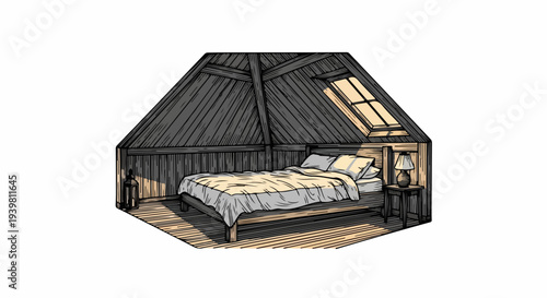 Isometric attic bedroom with bed side table lamp and skylight