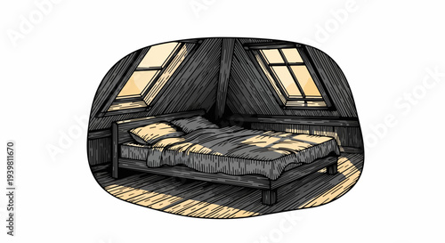 Oval framed attic bedroom with double skylights and low bed