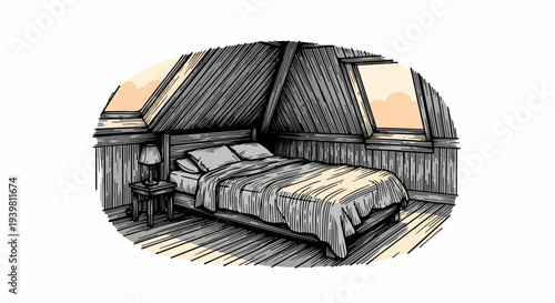 Oval vignette attic bedroom with side lamp and two roof windows