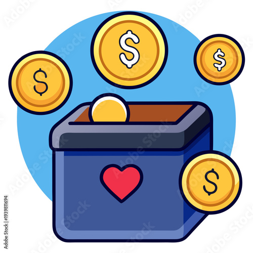 Donation box illustration with coins falling into it, symbolizing generosity and kindness for International Day of Charity, promoting global giving and unity among people