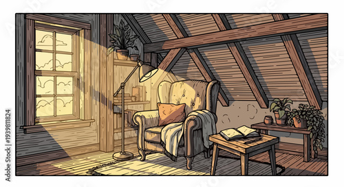 Attic lounge corner with armchair lamp coffee table and plants