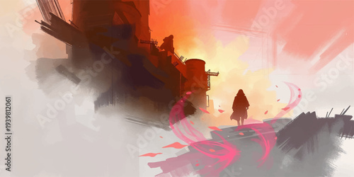 Abstract painting of fiery night sky with brush strokes and glowing flames