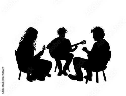 Acoustic Guitar Players Silhouette Isolated on Transparent Background